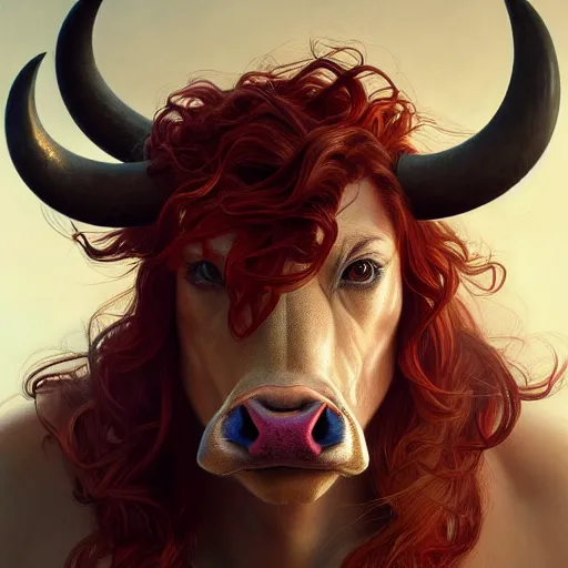 Prompt: portrait of a bull with a humanoid face, male, handsome, masculine, full body, red hair, long hair, soft hair, fantasy, intricate, elegant, highly detailed, suit, coffee shop, digital painting, artstation, concept art, character art, smooth, sharp focus, illustration, art by artgerm and greg rutkowski and alphonse mucha