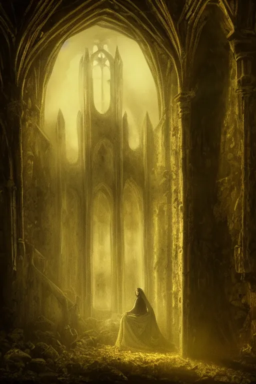 Prompt: baroque gothic woman, lit by a single candle, inside a ruined abbey, a crow watching, gustave dore, 4 k resolution, concept art, mist, autumnal, chiaroscuro,