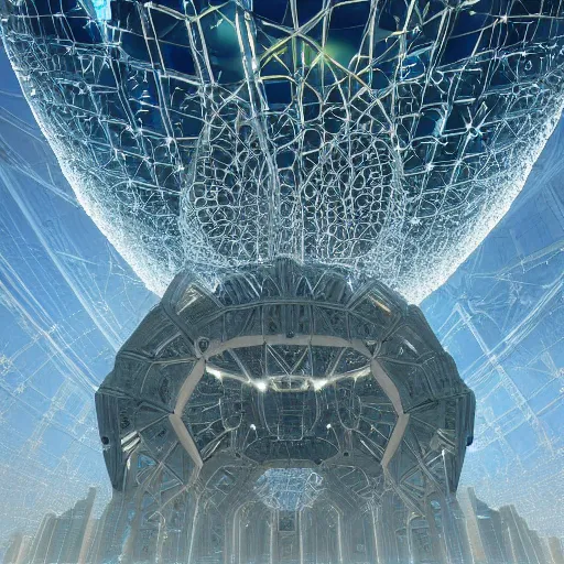 Image similar to cybertronic organic mystical megastructure luminous crystal architectures in the sky like the tree of life evolving, mutating, adapting into eternity, into infinity, beyond the event horizon of fate by albert bierstadt, by glen small, by giovanni battista piranesi, photorealistic, god rays, octane render, depth of field, volumetric light, volumetric fog, holy spirit