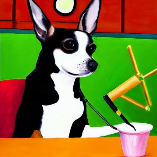 Image similar to a painting of a chihuahua smoking weed in an office