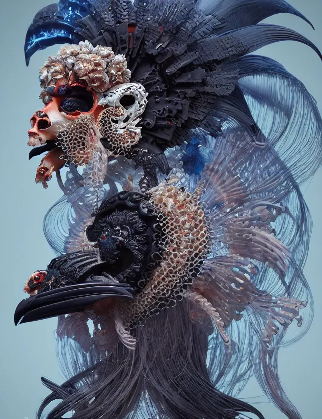 Image similar to 3 d goddess of death close - up profile portrait with ram skull. beautiful intricately detailed japanese crow kitsune mask and clasical japanese kimono. betta fish, jellyfish phoenix, bio luminescent, plasma, ice, water, wind, creature, artwork by tooth wu and wlop and beeple and greg rutkowski
