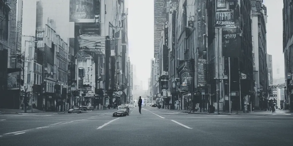 Image similar to city street, a person in center frame, future retro, cinematic, atmospheric, blue and grey tones, cinematography by greig fraser