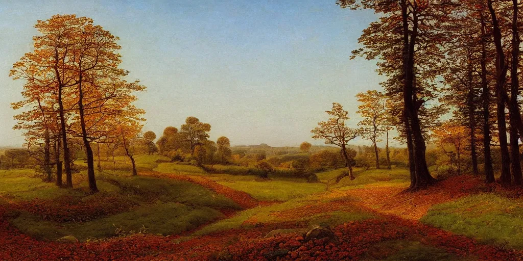 Prompt: a beautiful landscape painting of a path through countryside fields and patches of woodland, autumn bare trees, by caspar david friedrich, oil on canvas, highly detailed, hd, 4 k