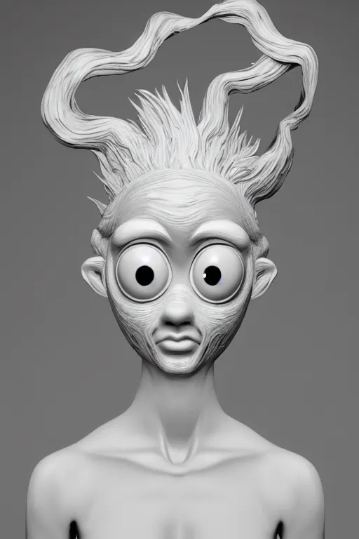 Image similar to 3 d full head and shoulders beautiful white porcelain woman with white big eyeballs all through her hair, realistic hair, 3 d swirling hair by theodor seuss geisel and daniel arsham and kim jung gi, on a white background