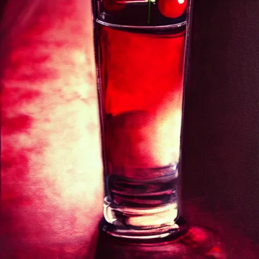 Prompt: photorealistic digital painting of a glass of cherry soda, dim red lights, dim blue lights, very dark room