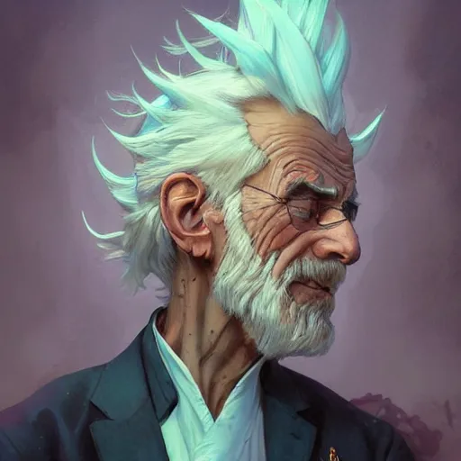 Image similar to Rick Sanchez, artists portrait, fantasy, highly detailed, digital painting, concept art, sharp focus, depth of field blur, illustration, art by artgerm and greg rutkowski and alphonse mucha