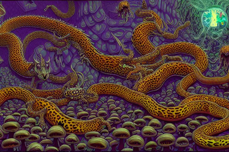 Image similar to a detailed digital art painting of a cyberpunk magick oni dragon with occult futuristic effigy of a beautiful field of mushrooms that is a adorable leopard atomic latent snakes in between ferret biomorphic molecular hallucinations in the style of escher, alex grey, stephen gammell inspired by realism, symbolism, magical realism and dark fantasy, crisp,