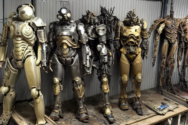 Prompt: photo taken of an epic intricate, ultra detailed, super realistic gritty, hero prop, exquisitely weathered fallout 4 power amour suit movie prop replica's in a row in the workshop, created by weta workshop, full body shot, photorealistic, sharp focus, white wall, cold colour temperture, golden ratio