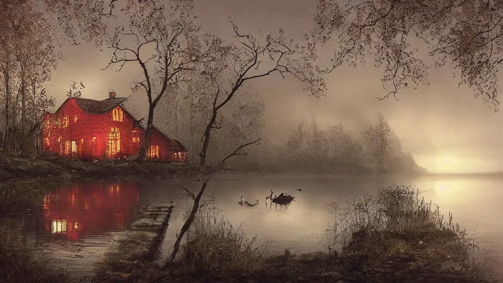 Image similar to small red wooden cottage by the lake, lanterns in the front of the cottage, smoke coming out of the chimney, dusk, birch trees, tranquility, two swans swimming in the lake, a rowing boat, by Greg Rutkowski, by Charlie Bowater