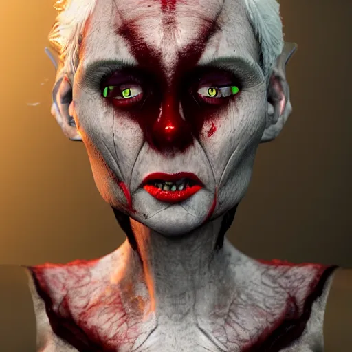 Image similar to an old vampire that looks like a futuristic nosfaratu, milky white skin, blood around the lips, delectable, edible, crusty goo around the eyes, found on artstation, eyes look dead, highly detailed, 8k