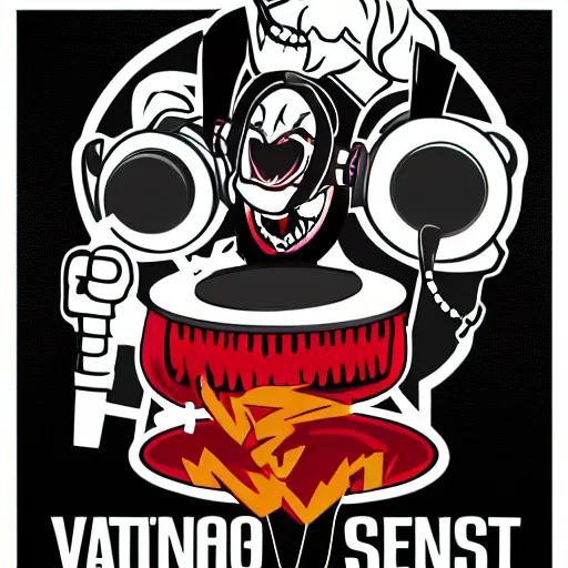 Image similar to svg vector sticker of absolutely insane-mad-scientist-villain, rocking out, wearing headphones, huge speakers, dancing, rave, DJ, spinning records, digital art, amazing composition, rule-of-thirds, award-winning, trending on artstation, featured on deviantart