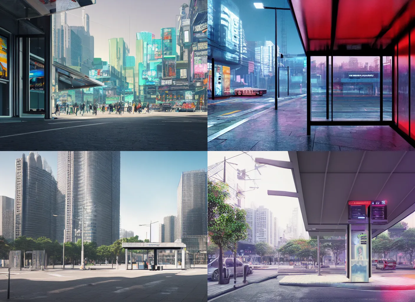 Prompt: a beautiful hyper realistic photograph, octane render, cyberpunk bus stop, by norman foster + tadao ando, extremely detailed, chartpak ad markers, pastel color, vivid color scheme, 8 k,