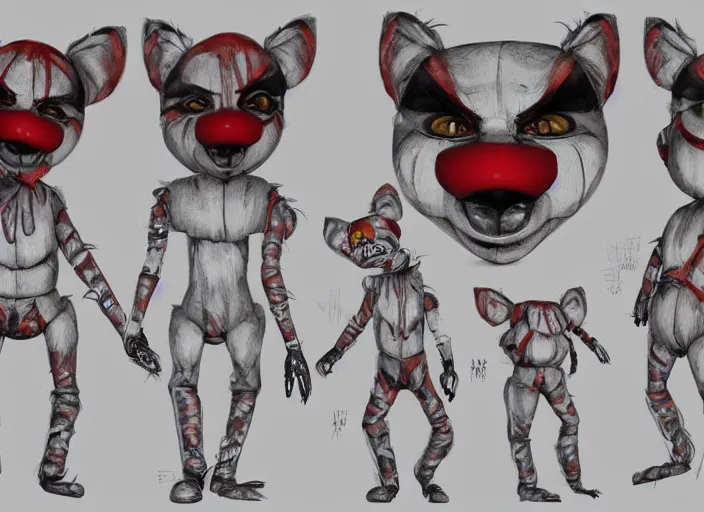 Prompt: award - winning detailed concept art of a creepy clown fnaf animatronic puppet anthropomorphic raccoon character wearing clown makeup face paint. art by wlop on bcy. net, realistic. detailed fur, art by cheng yi. artstationhd, artgerm, 3 dcg, pixar zootopia. 3 d rendering, high quality model sheet detailed