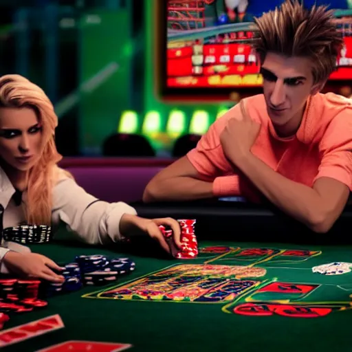 Prompt: film still of xqc gambling in Vegas, 4k, photorealism, artstation style