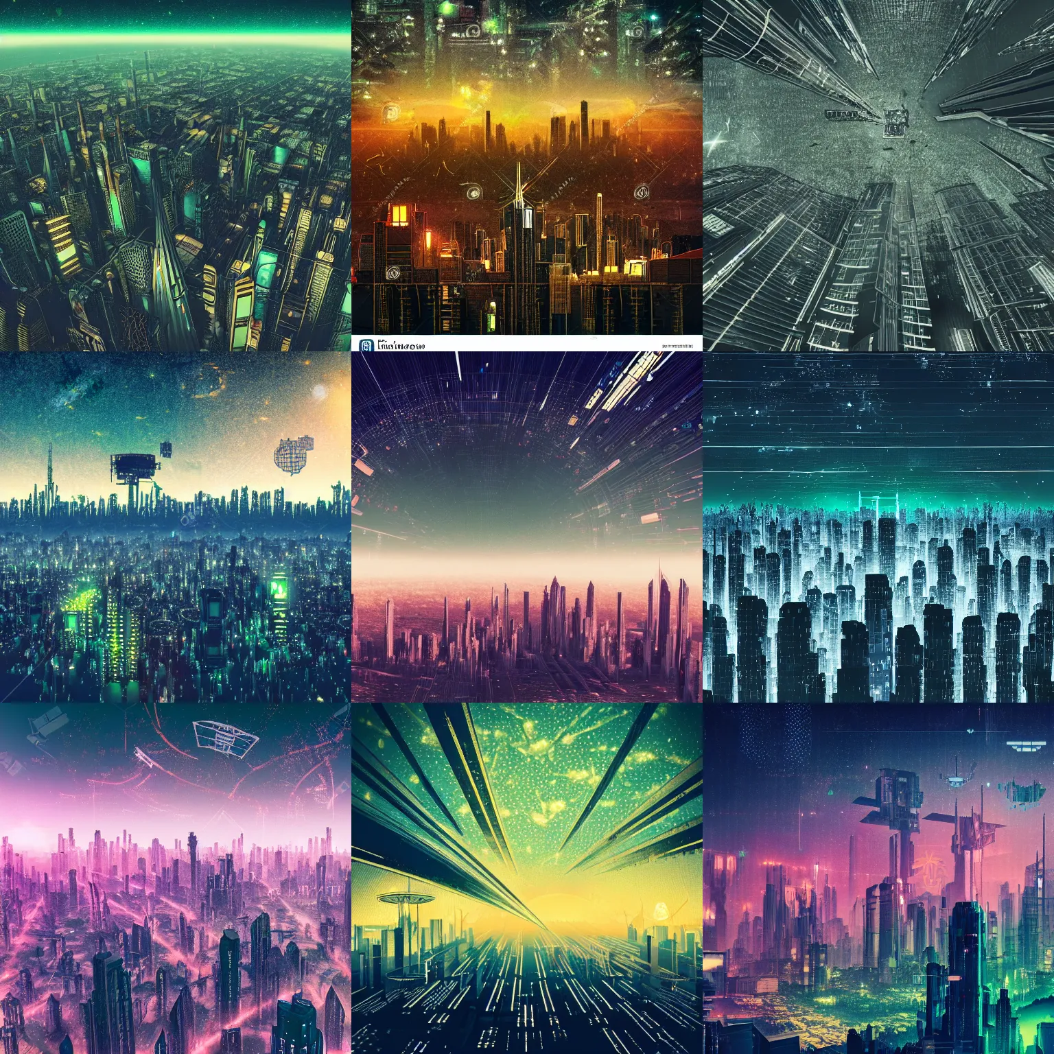 Prompt: detailed photo of a beautiful cyberpunk Art Deco skyline with forests and fields and thousands of satellites in the sky