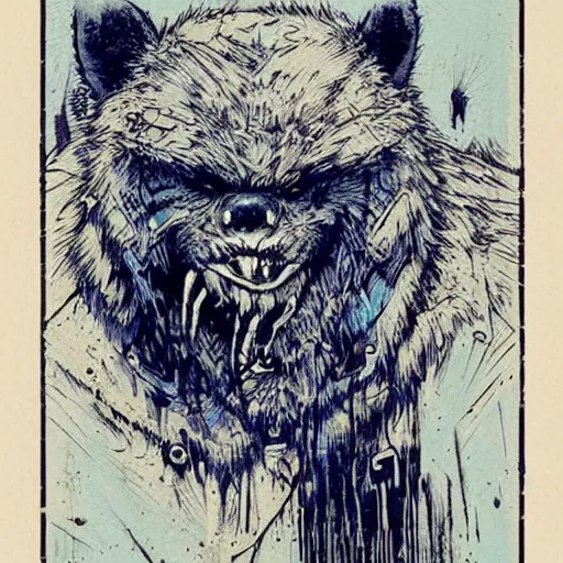 Prompt: blue woodcut print cartoon, gnoll by greg rutkowski, fine details, highly detailed