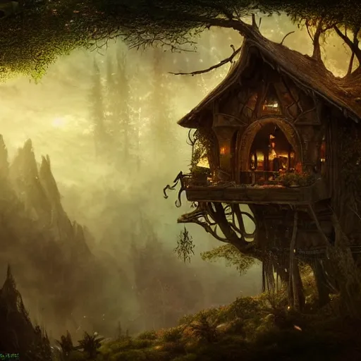 Image similar to elves living in elven treehouses, beautiful landscape, dramatic lighting, cinematic, extremly high detail, photorealistic, cinematic lighting, post processed, concept art, artstation, matte painting, style by greg rutkowsky