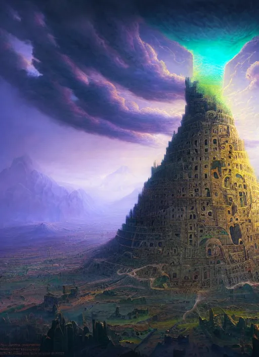 Prompt: the tower of babel with a circular city built around it, glowing cracks, pitchblack sky, extremly detailed digital painting, vibrant colors, in the style of tomasz alen kopera and fenghua zhong and peter mohrbacher, mystical colors, rim light, beautiful lighting, 8 k, stunning scene, raytracing, octane, trending on artstation