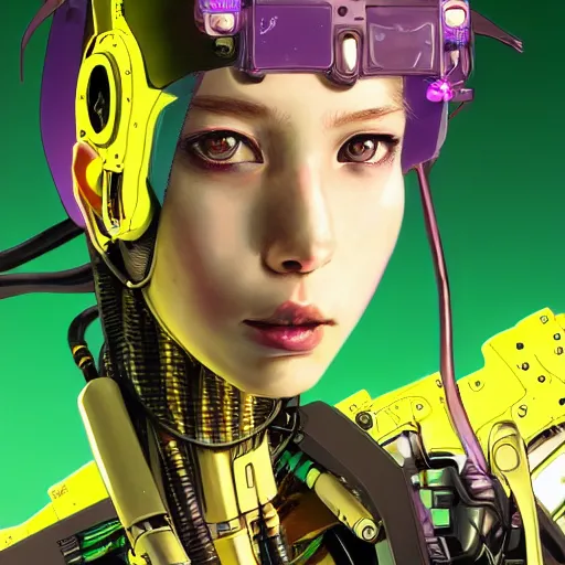 Prompt: highly detailed portrait of a post-cyberpunk robotic young lady with a wild purple hair and a visor and wired cybernetic face modifications, robotic limbs, by Akihiko Yoshida, Greg Tocchini, Greg Rutkowski, Cliff Chiang, 4k resolution, persona 5 inspired, vibrant green and gold but dreary color scheme with sparking stray wiring