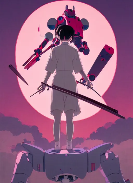 Image similar to Artwork by James Jean, Phil noto and hiyao Miyazaki; a young Japanese future samurai police girl named Yoshimi battles an enormous looming evil natured carnivorous pink gundam robot on the streets of Tokyo; Japanese shops and neon signage; crowds of people running; Art work by studio ghibli, Phil noto and James Jean
