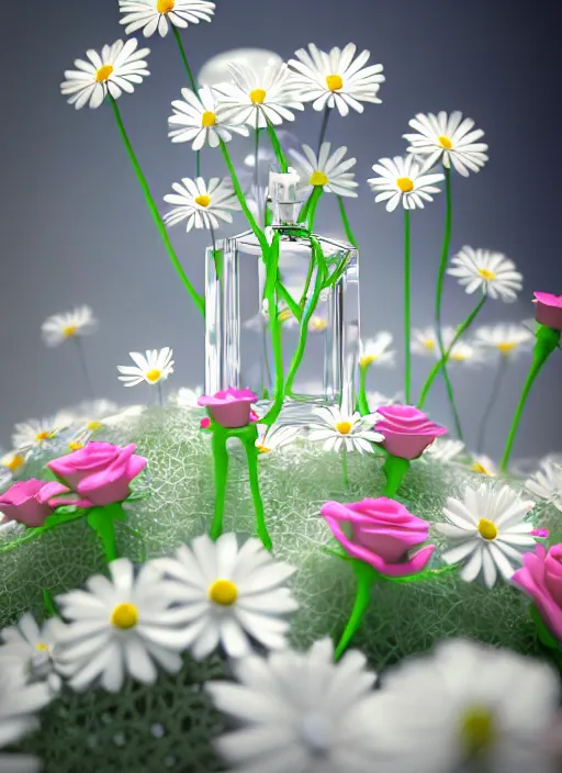 Image similar to perfume bottle standing in white enchanted coral garden of daisies, roses in an ivory room well contoured smooth fair walls, up close shot, sharp focus, global illumination, radiant light, alexandre ferra white mecha, irakli nadar, octane highly render, 4 k, ultra hd,