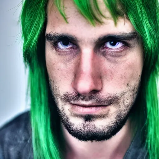 Image similar to a sad man with green hair