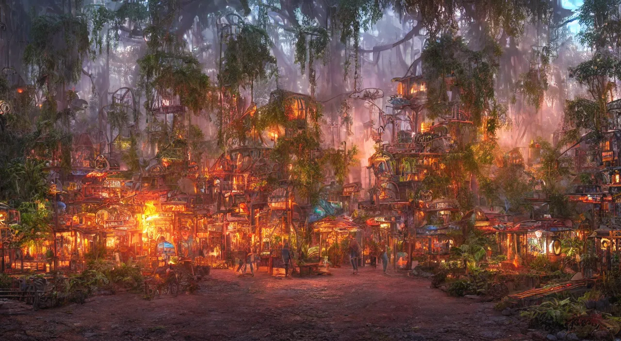 Prompt: a steampunk village in a forest at sunset, suns rays, rain, lush vegetation, junk everywhere, neon signs, magical atmosphere, mist, photo realistic, 35mm, octane render, 8k, guido borelli da caluso