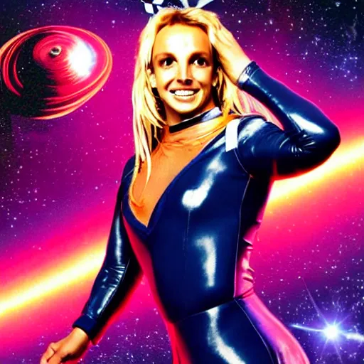 Prompt: of a poster photo of britney spears as a hero sci fi space cosmonaut holding a vintage raygun in a nice action pose, there is an explosion on the background shaking britney's hair, she is smiling, opps i did it again, f 2. 8, advertising lighting, new blockbuster,