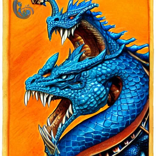 Image similar to half length portrait of a medieval d & d fantasy anthropomorphic blue dragon, d & d rulebook cover art by jeff easley