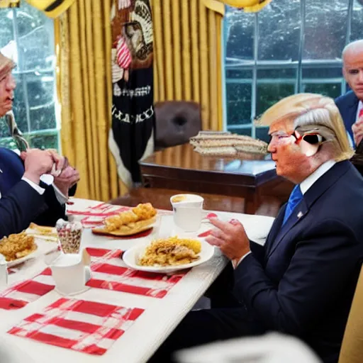 Prompt: trump and Biden sitting and eating breakfast at a Wafflehouse