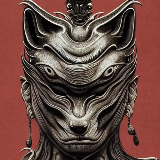 Image similar to a human with wolf head, naraka buddhist demon japan, thailand art, tubular creature, blood vesels, dystopian surrealism, artstyle alex ries zdzisław beksinski, symmetry accurate features, very intricate details, high resolution, symmetrical long head, smooth marble surfaces, detailed ink illustration, metal gear, cinematic smooth stone, deep aesthetic, concept art