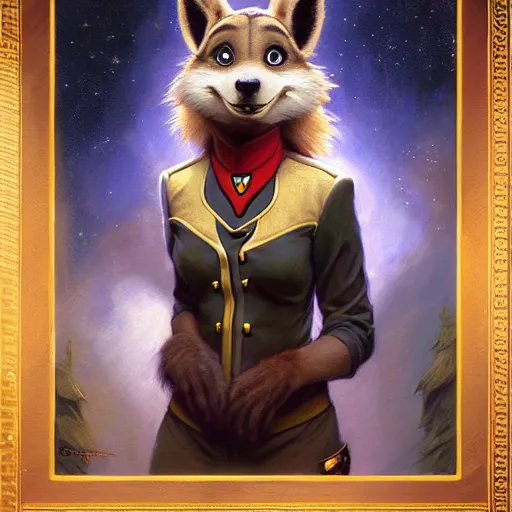 Image similar to a female bird wolf canine in starfleet uniform at night in a dark forest. zootopia fursona furaffinity furry art detailed face painting by gaston bussiere craig mullins jc leyendecker gustav klimt artgerm greg rutkowski furry