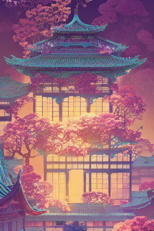 Image similar to a beautiful hyperdetailed matte illustration victo ngai style of absolutely beautiful blooming flower house, from china, perfectly shaded, atmospheric lighting, style of studio ghibli, makoto shinkai, raphael lacoste, louis comfort tiffany, artgerm, james jean, ross tran, chinese style