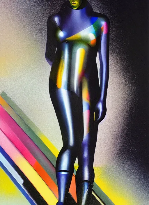 Image similar to futuristic lasers tracing, colorsmoke, leather fullbodysuit, pyramid hoodvisor, raindrops, wet, oiled, beautiful cyborg girl, by steven meisel, kaws, rolf armstrong, mondrian, kandinsky, perfect geometry abstract acrylic, octane hyperrealism photorealistic airbrush collage painting, dark monochrome, fluorescent colors, minimalist rule of thirds, eighties eros