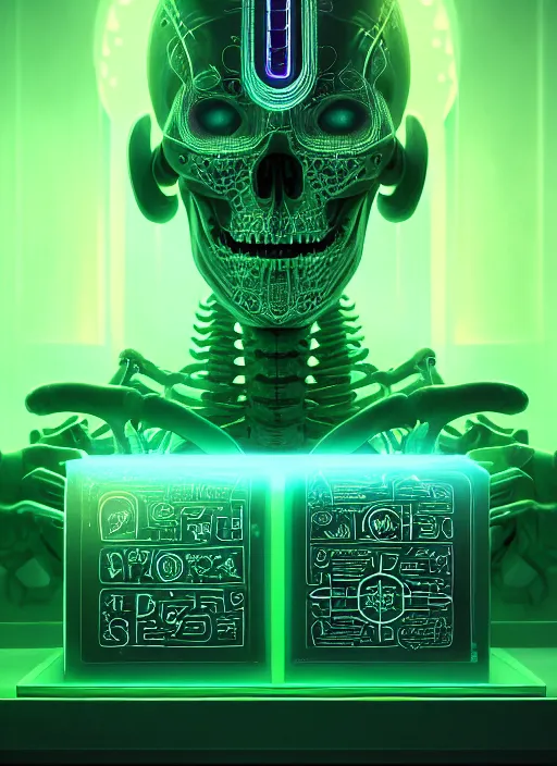 Image similar to portrait of futuristic cyber bionic skeleton writing runes into tombstones, runes, runic words, ancient evil letters, glowing green, intricate, elegant, glowing lights, highly detailed, digital painting, artstation, concept art, smooth, sharp focus, illustration, art by wlop, mars ravelo and greg rutkowski