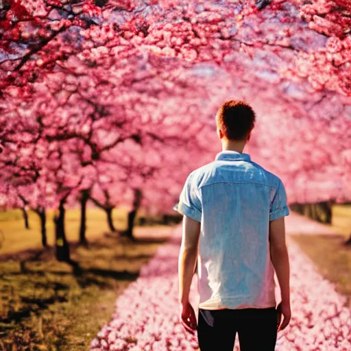 Prompt: kodak portra 4 0 0 photograph of a skinny blonde guy standing in a field of red and yellow cherry blossom trees, flower crown, back view, moody lighting, telephoto, 9 0 s vibe, blurry background, vaporwave colors!, faded!,