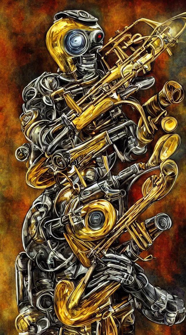 Image similar to jazz, trumpet, sci fi, music notes, robot, wallpaper, masterpiece, hdr