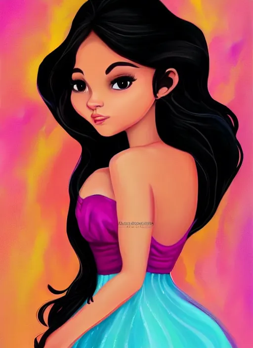Prompt: beautiful thirty year old woman with long black hair, tan skin, curvy hourglass figure, round cute face, slightly resembles selena gomez wearing a colorful disney princess gown at her birthday party. beautiful painting by lois van baarle