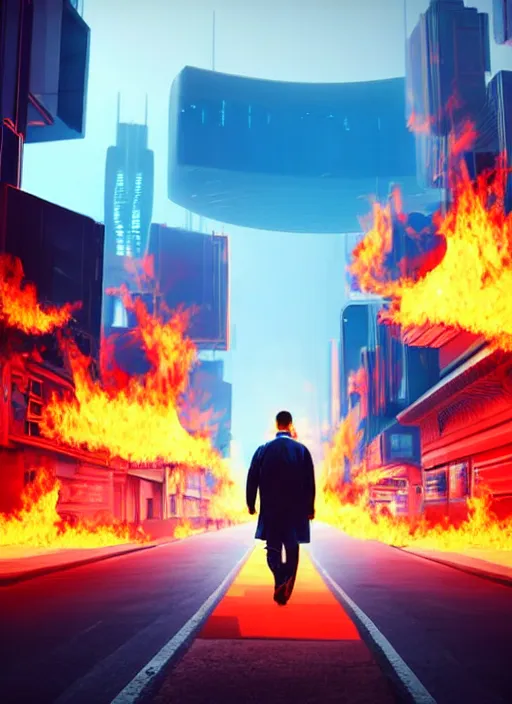 Prompt: a man walks happily down the street with his head of flames, in a futuristic cyberpunk city, the sky is a turquoise blue with beautiful white fluffy clouds, hyper realism volumetric lighting