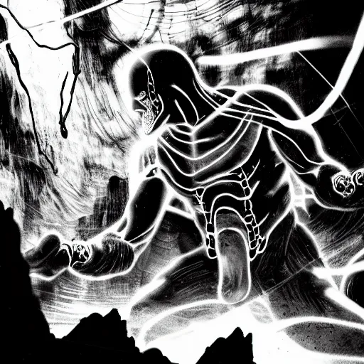 Image similar to black and white thanos fight with the thanos in a cave, by tsutomu nihei, black and white, old cave with slime and wires blur background, cinematic, perspective, realistic