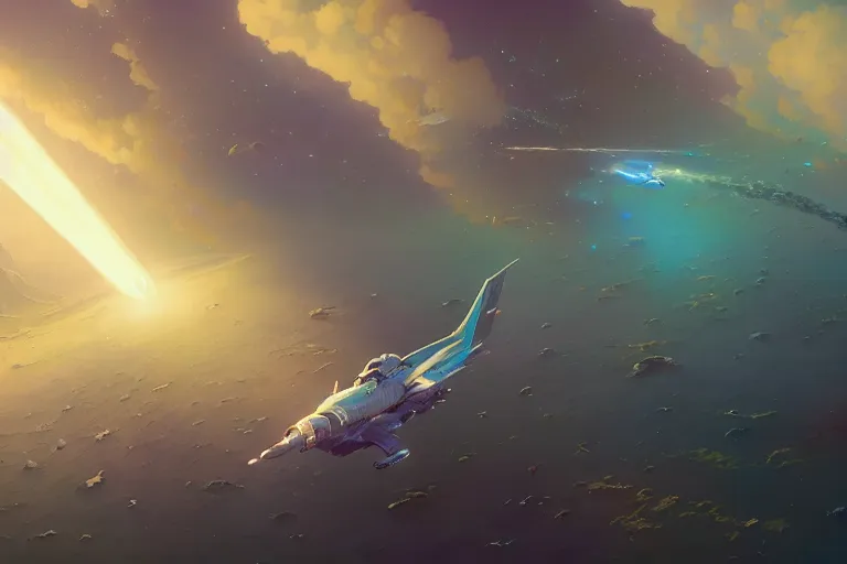 Image similar to highly detailed cosmic air strike, stephen bliss, unreal engine, greg rutkowski, loish, rhads, beeple, makoto shinkai and lois van baarle, ilya kuvshinov, rossdraws, tom bagshaw, alphonse mucha, global illumination, god rays, detailed and intricate environment