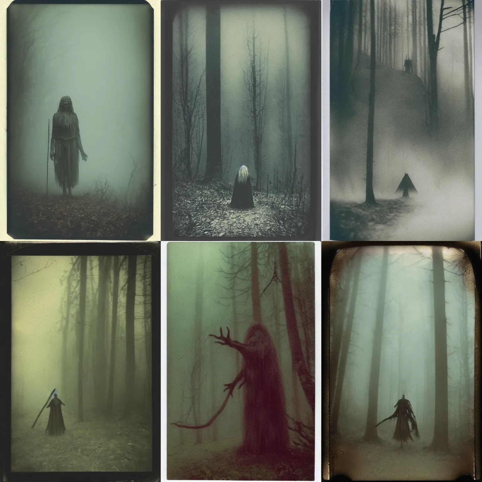 Prompt: Polaroid of the Baba Yaga wandering outside of a forest, foggy, creepy, scary, ominous, oppressive