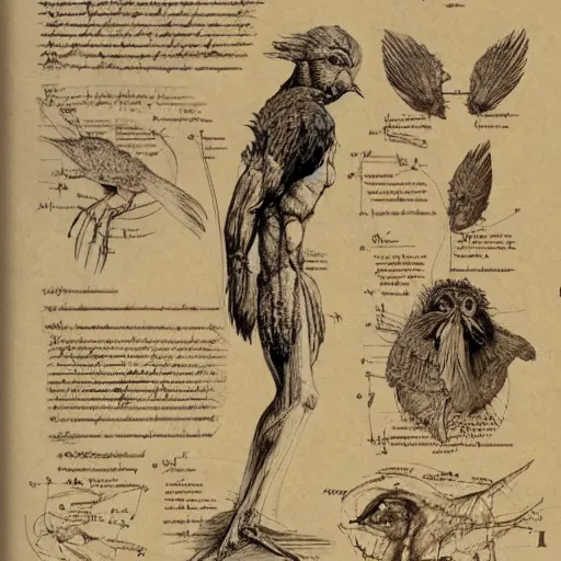 Image similar to anatomy of a bird, da vinci notes, ultradetailed, artstation