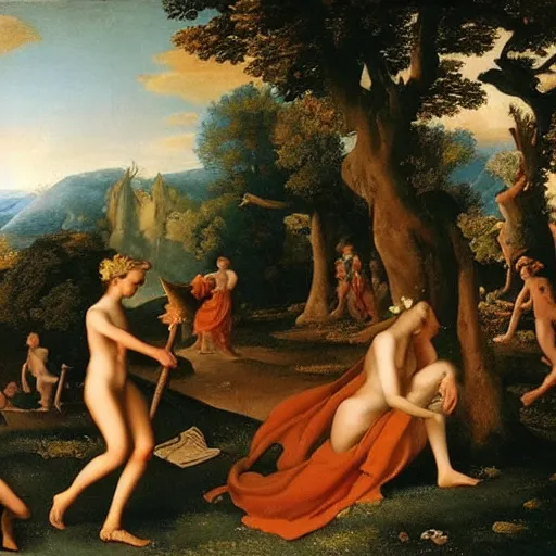 Prompt: ethereal landscape, elves, fauns, musicians, claude poussin