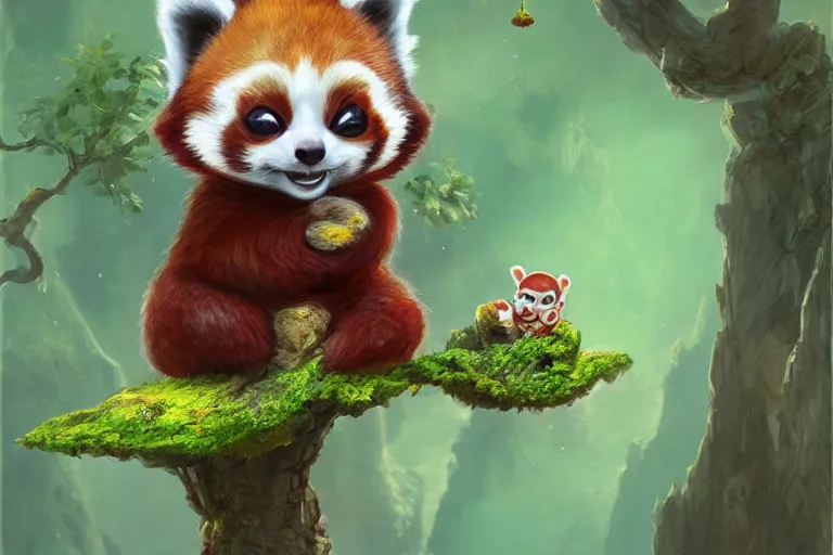 Prompt: an extremely cute red panda baby-yoda sit on a lichen covered ancient bolder and play sing songs, mischievous, inquisitive, devious, hilarious, funny, by Tyler Edlin