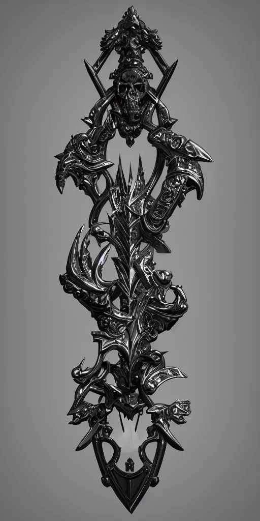 Image similar to a black and silver axe skull crest, ornament, weapon, render by dom qwe, trending on polycount, artstation, hard surface modeling, zbrush