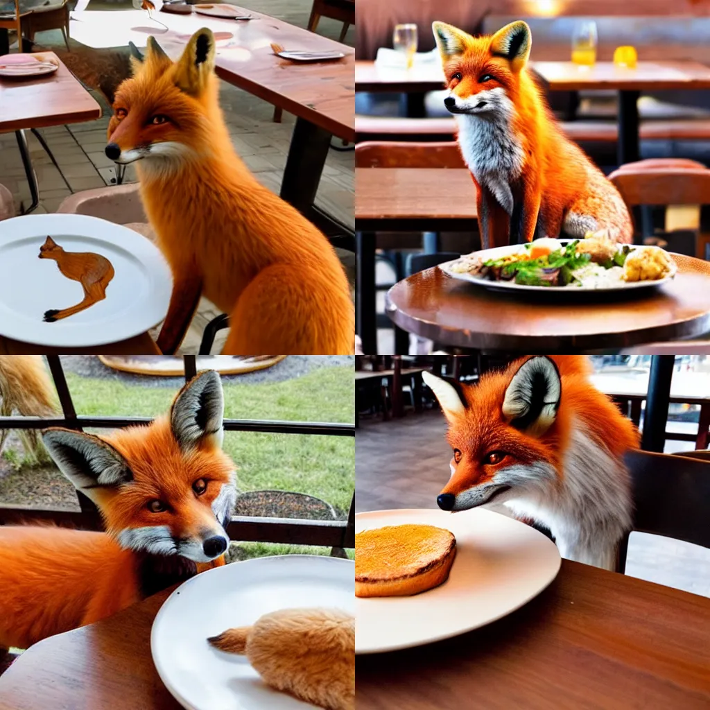 Prompt: bipedal fox sitting in a restaurant with a plate in front of him. there is a live chicken on the plate