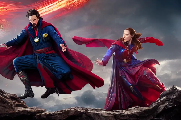 Image similar to Action sequence still of Doctor Strange and Scarlet Witch on the battlefield, fighting, Trending on artstation, photorealistic image, photorealistic imagery, 4k, 8k, movie still, action still