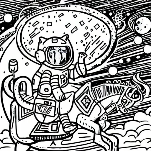 Prompt: Coloring page of an astronaut tabby cat riding a horse, visiting Saturn, surrounded by bubbles