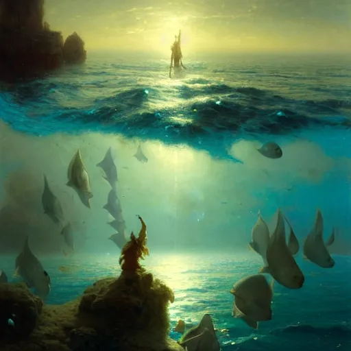 Image similar to point of view of deep in the ocean looking up, you see fishes, higher up you see very clearly the milk way illuminating the sea down bellow. highly detailed painting by gaston bussiere, greg rutkowski 8 k